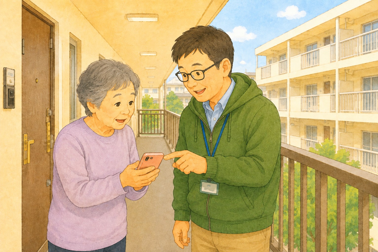 マンションの共用廊下でスマートフォンの操作について相談している様子